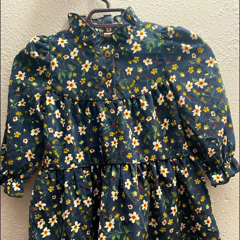 Toddler Girls Frill neck ditsy floral corduroy dress